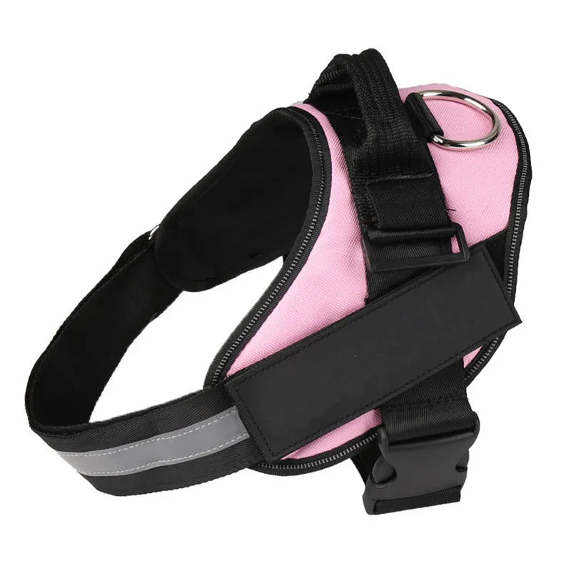 Adjustable no-pull dog harness vest with reflective strips and a chest strap, shown in various colours
