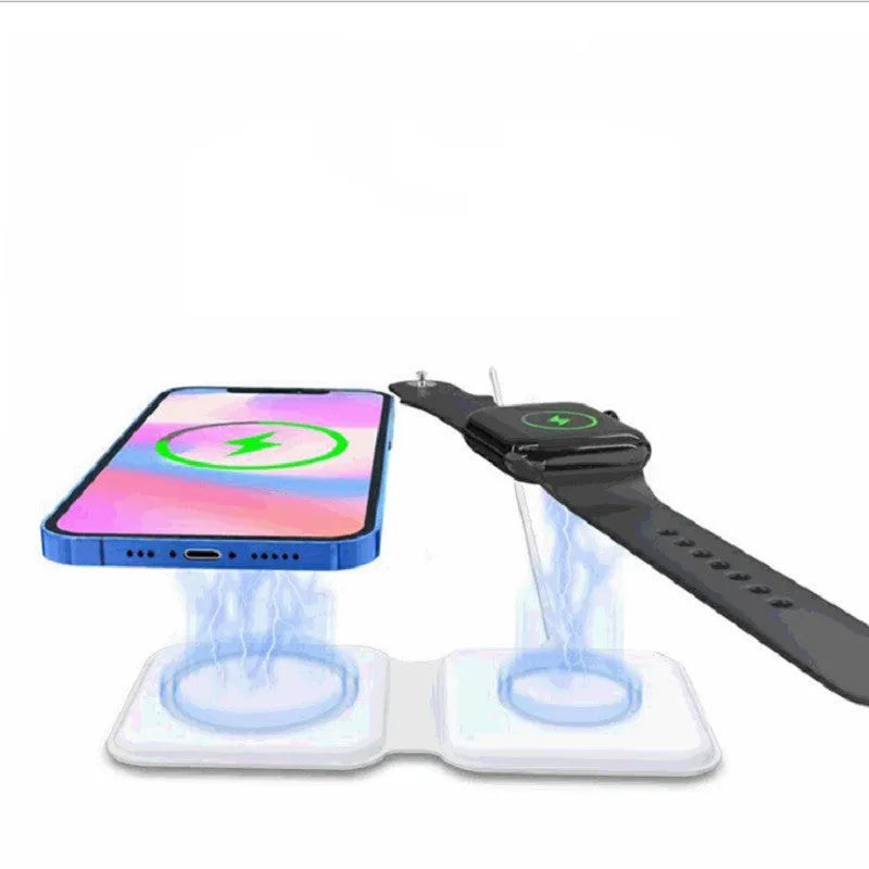 White foldable magnetic wireless charging dock showing dual charging surfaces and Type-C port