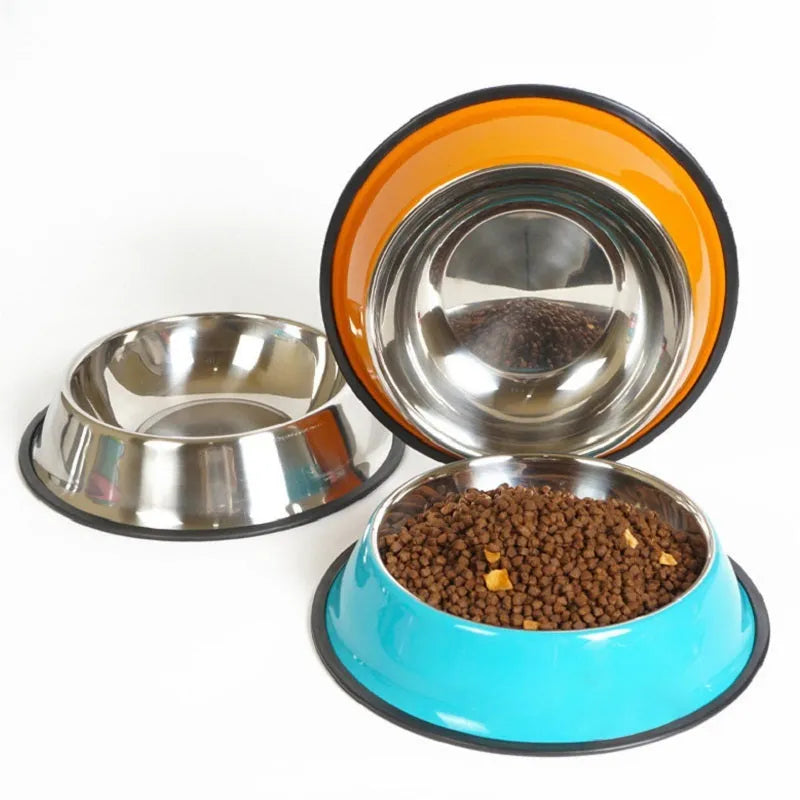 Stainless steel pet feeding bowl with colourful melamine exterior and non-slip rubber base