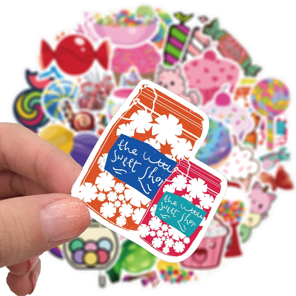 Pack of 50 colourful candy graffiti cartoon stickers measuring 4-6cm.