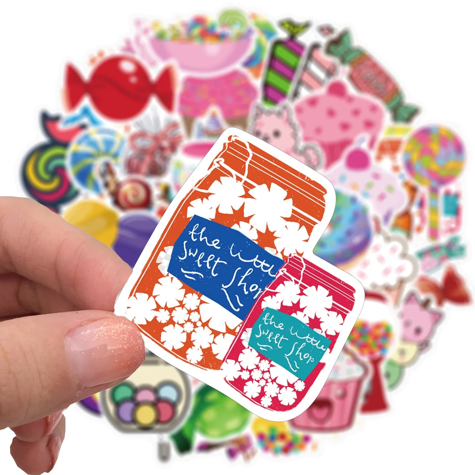 Pack of 50 colourful candy graffiti cartoon stickers measuring 4-6cm.