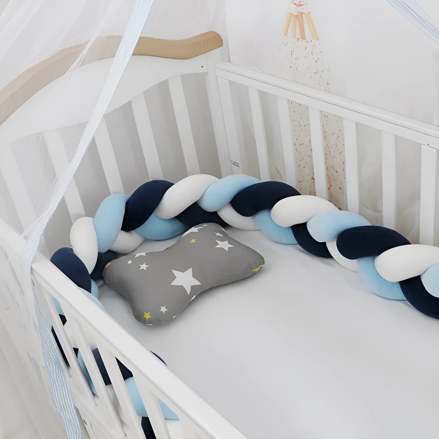 Braided knot crib bumper cushion in spandex velvet protecting infant cot sides