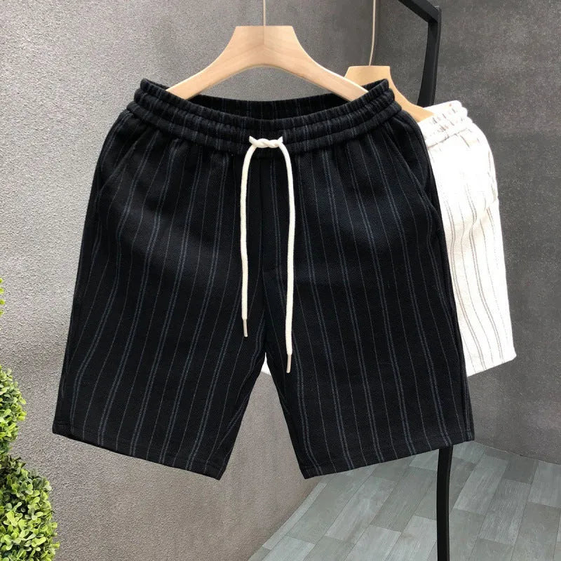 Men's black and white striped casual shorts with micro-elastic fabric and double-layer waistband