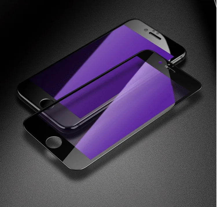 Black and white tempered glass screen protectors with soft edges for various iPhone models.