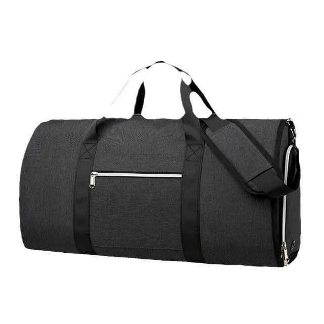 Grey waterproof oxford cloth sports bag with expansion feature and organisational compartments