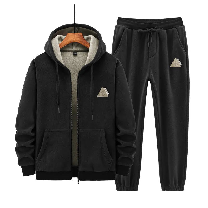 Men's grey cashmere hooded sweater and matching cotton blend pants casual sports suit set