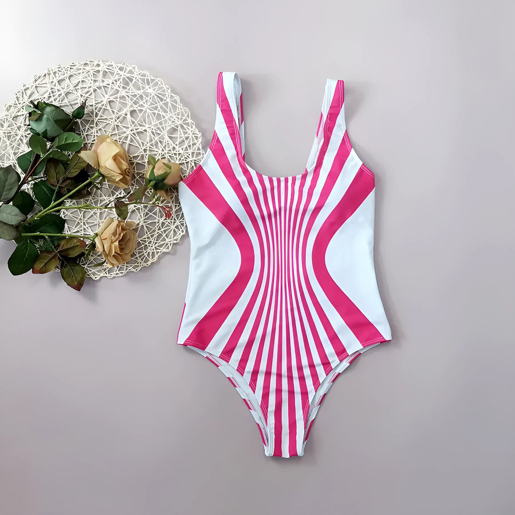 Women's pink striped one-piece swimsuit with front and rear digital printing alignment