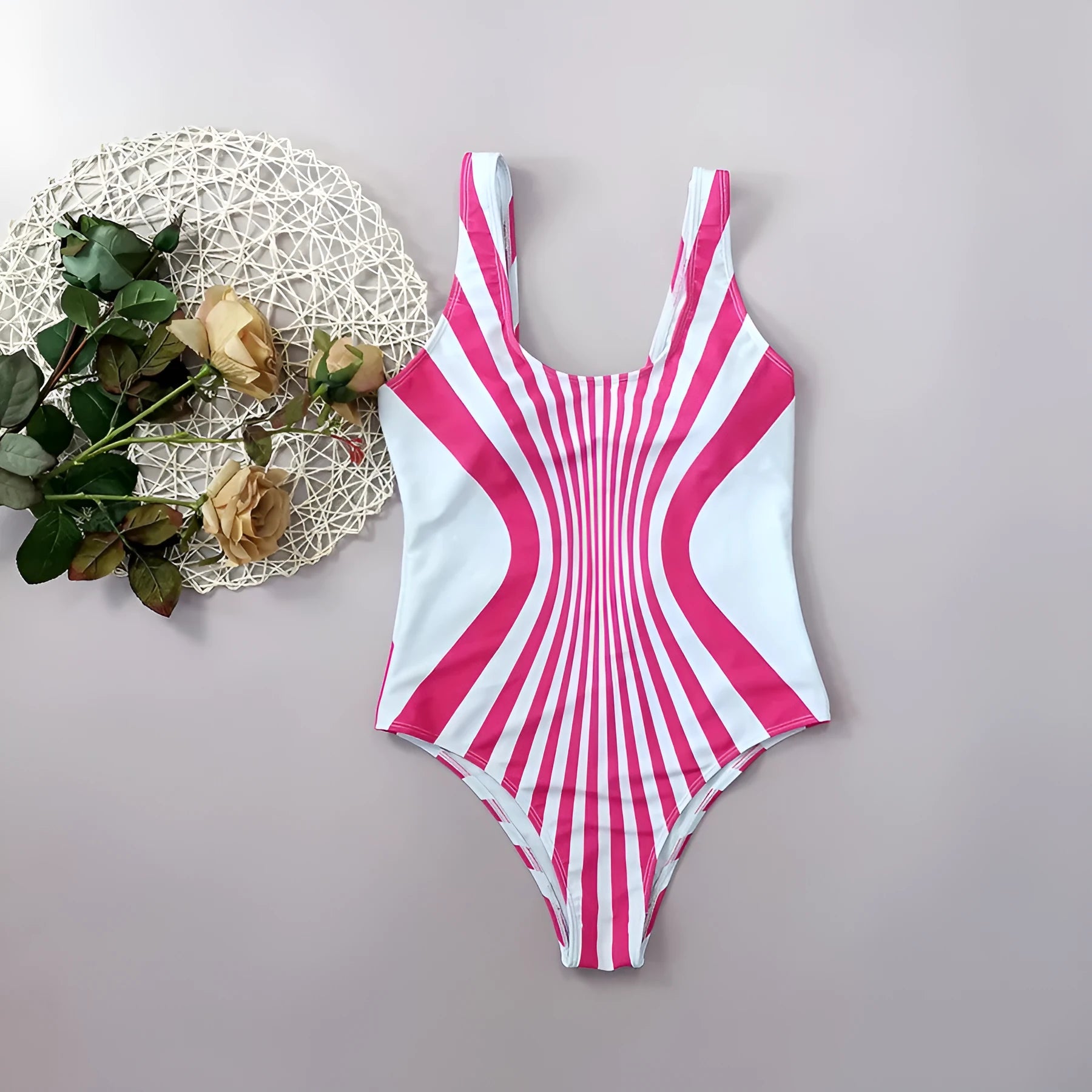 Women's pink striped one-piece swimsuit with front and rear digital printing alignment
