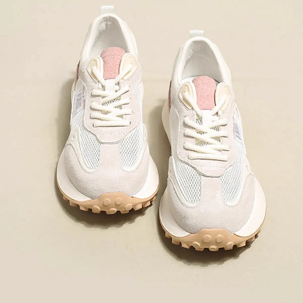 Women's grey and pink retro sneakers with rubber soles and mesh lining in low-top design
