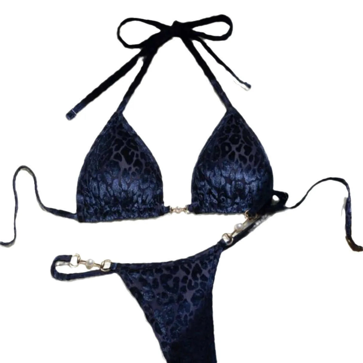 Blue leopard print women's polyester bikini set on a yellow background, showing a T-shaped sleeveless design.