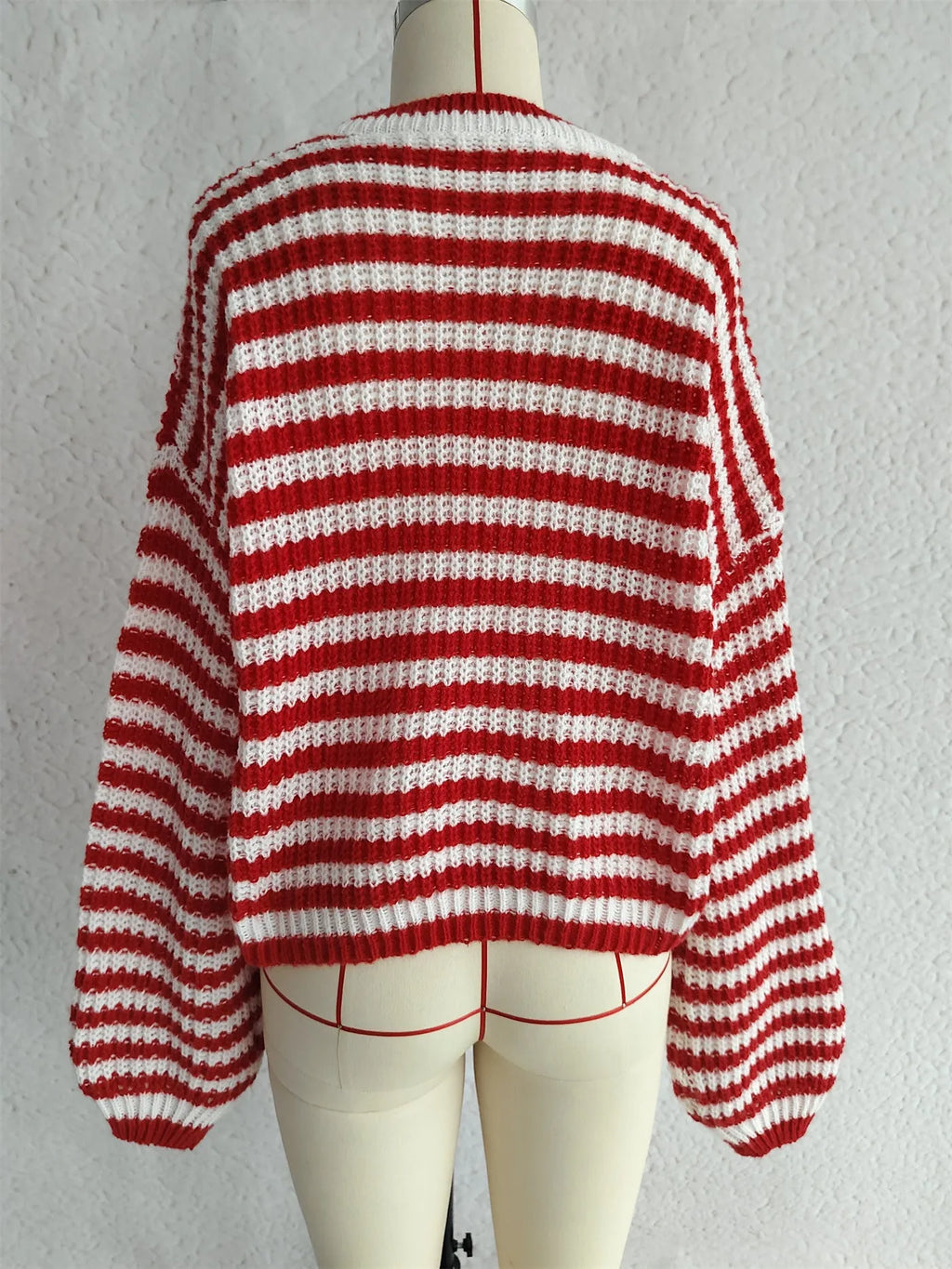 Women's vintage stripe loose pullover sweater in black, red, khaki, or green.