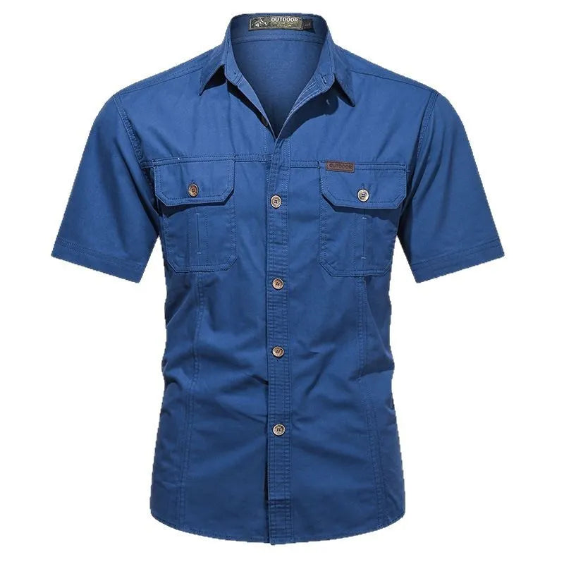 Men's short sleeve cotton work shirt in army green with loose fit design