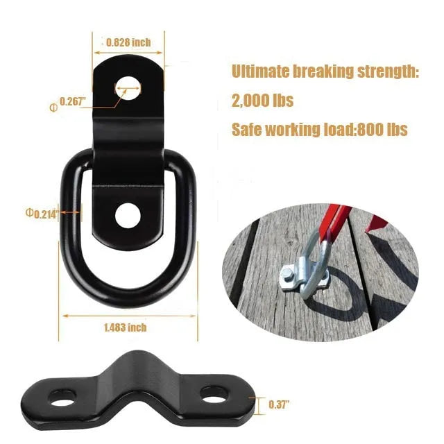 Black galvanised carbon steel truck floor hook with a fitted pull ring accessory.