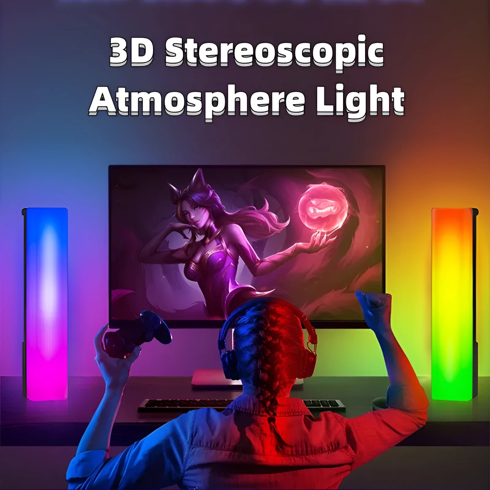 3D RGB voice-activated table top ambiance lamp in white or black shell with USB cable.