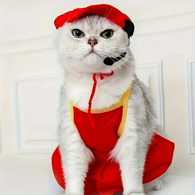 Handmade chef hat and matching cotton knitted sweater costume on a small cat or dog
