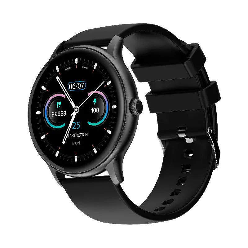 Circular smart watch with blood pressure monitoring on 1.28-inch screen and silicone strap