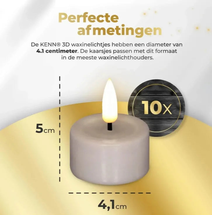 Four taupe-coloured LED tealight candles with 3D flame effect showing flickering warm white glow