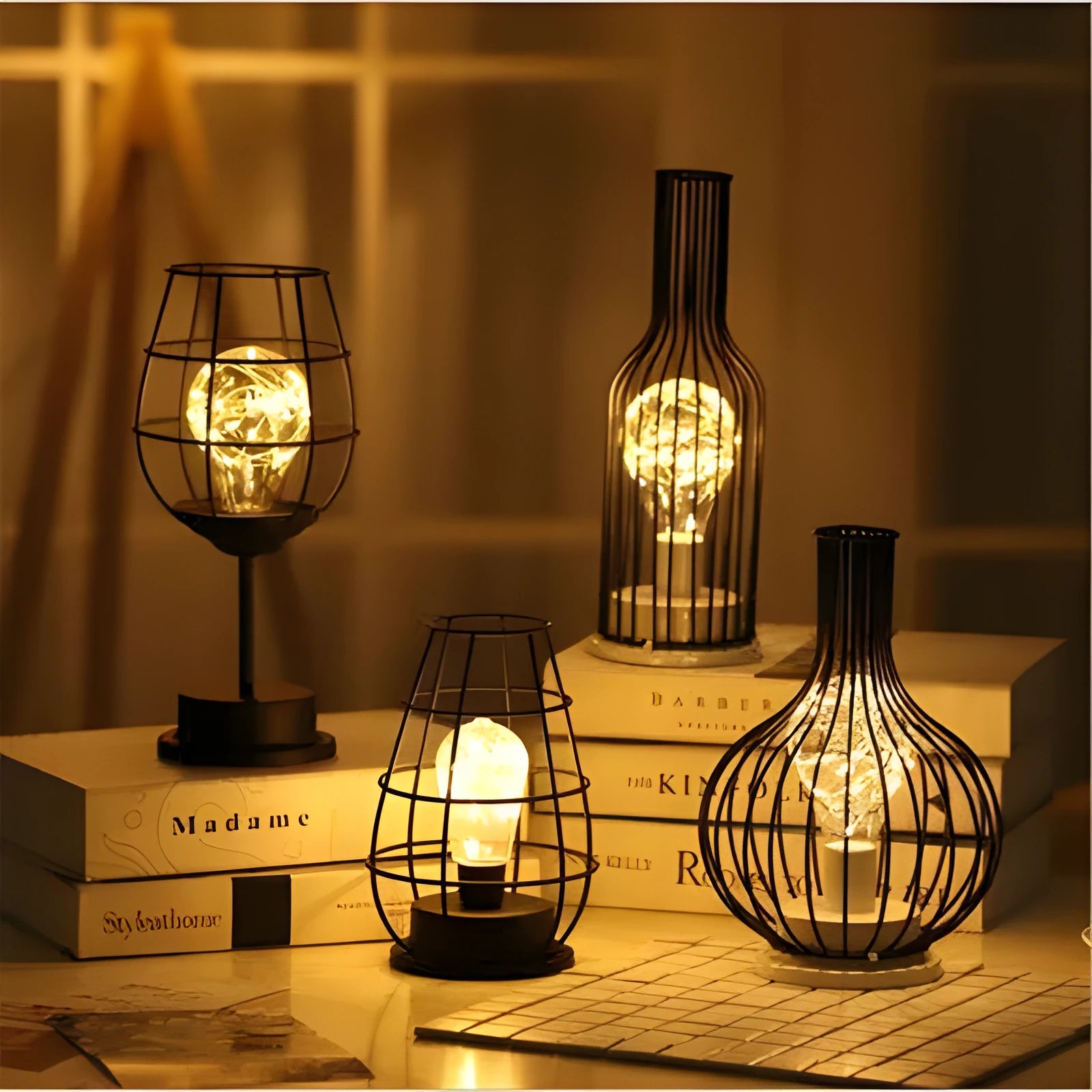 Minimalist hollow iron table lamp in wine bottle design with warm white LED lighting