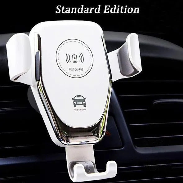 Black car wireless charger with automatic clamping arms holding an iPhone