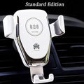 Black car wireless charger with automatic clamping arms holding an iPhone