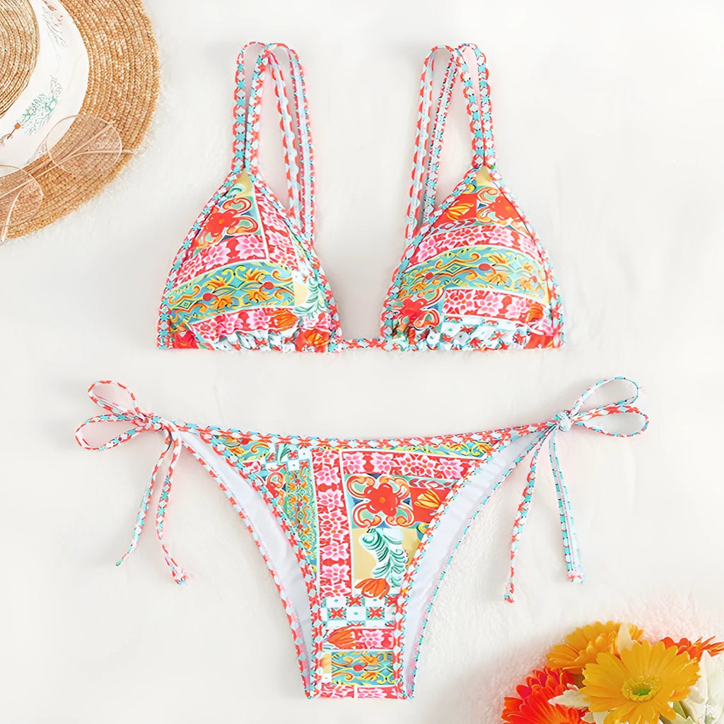 Women's lace-up backless swimsuit with adjustable ties and high-waisted bikini bottoms