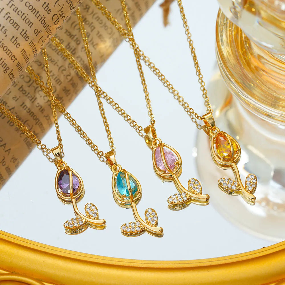 Zircon tulip titanium steel necklace for women with adjustable 41-50cm chain and copper-plated gold pendant
