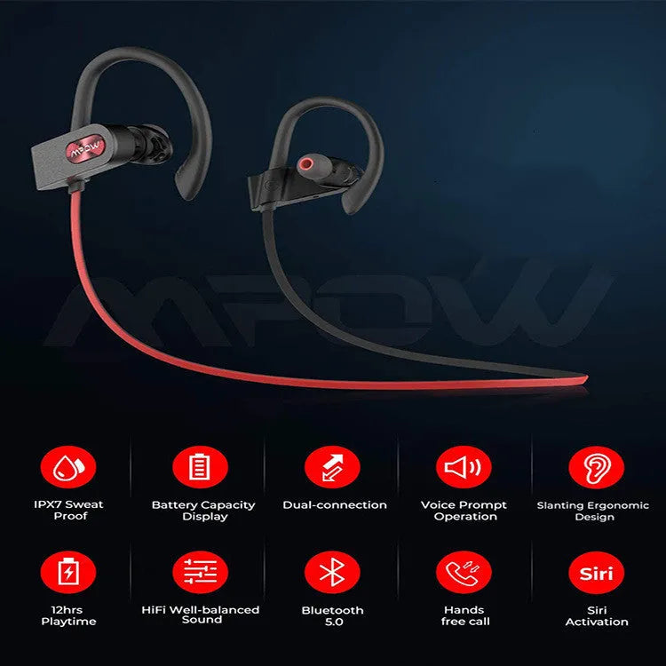 Hanging ear Bluetooth headset in red, black, or pink colour showing over-the-ear hook design.