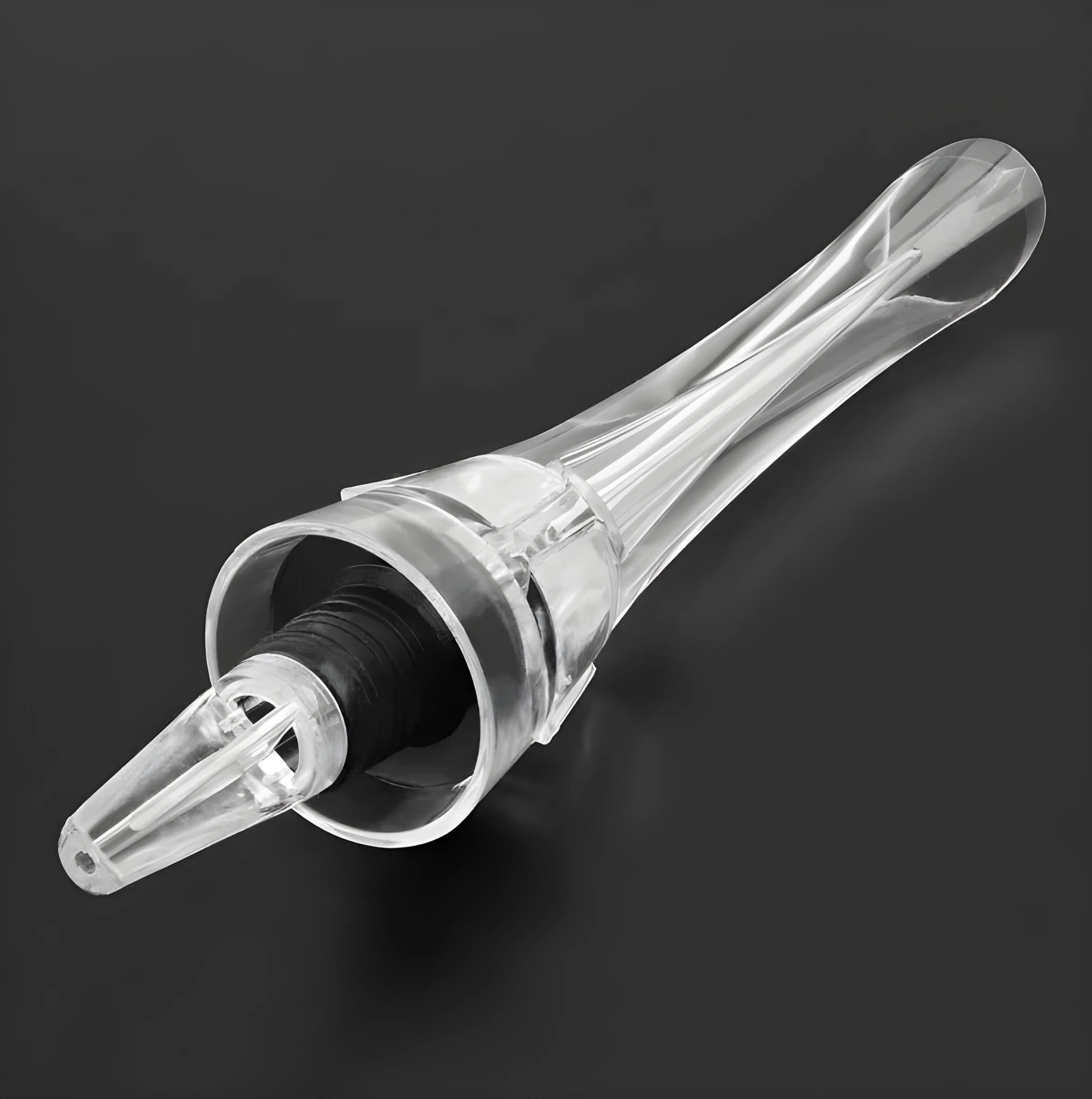 Acrylic wine aerator with stainless steel filter, measuring 16cm long.