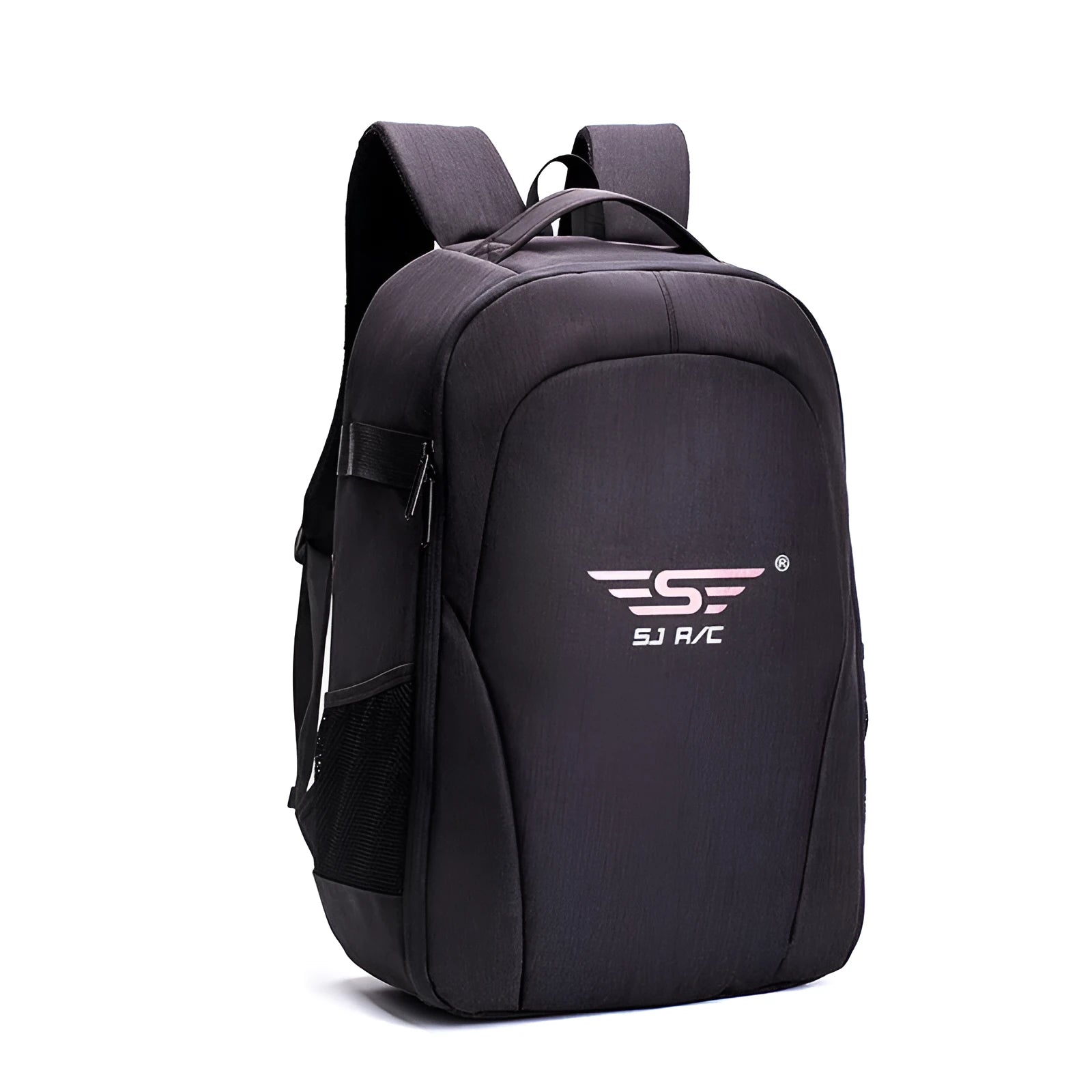 Black Oxford cloth drone backpack with camera and laptop compartments open.