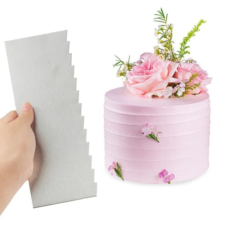Stainless steel cake decorating scraper with a polygon-patterned edge for smoothing buttercream