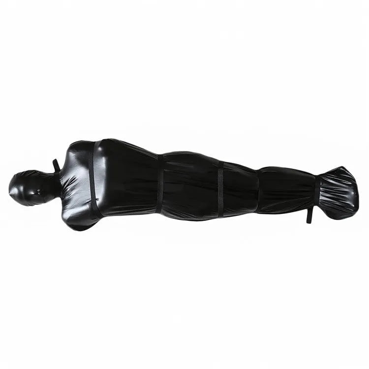 Black patent leather bondage outfit with six ratchet tie down straps