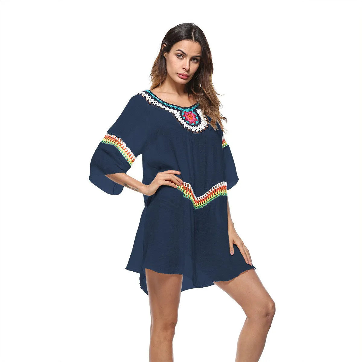 Women's crocheted ethnic style sun protection clothing beachwear in apricot colour