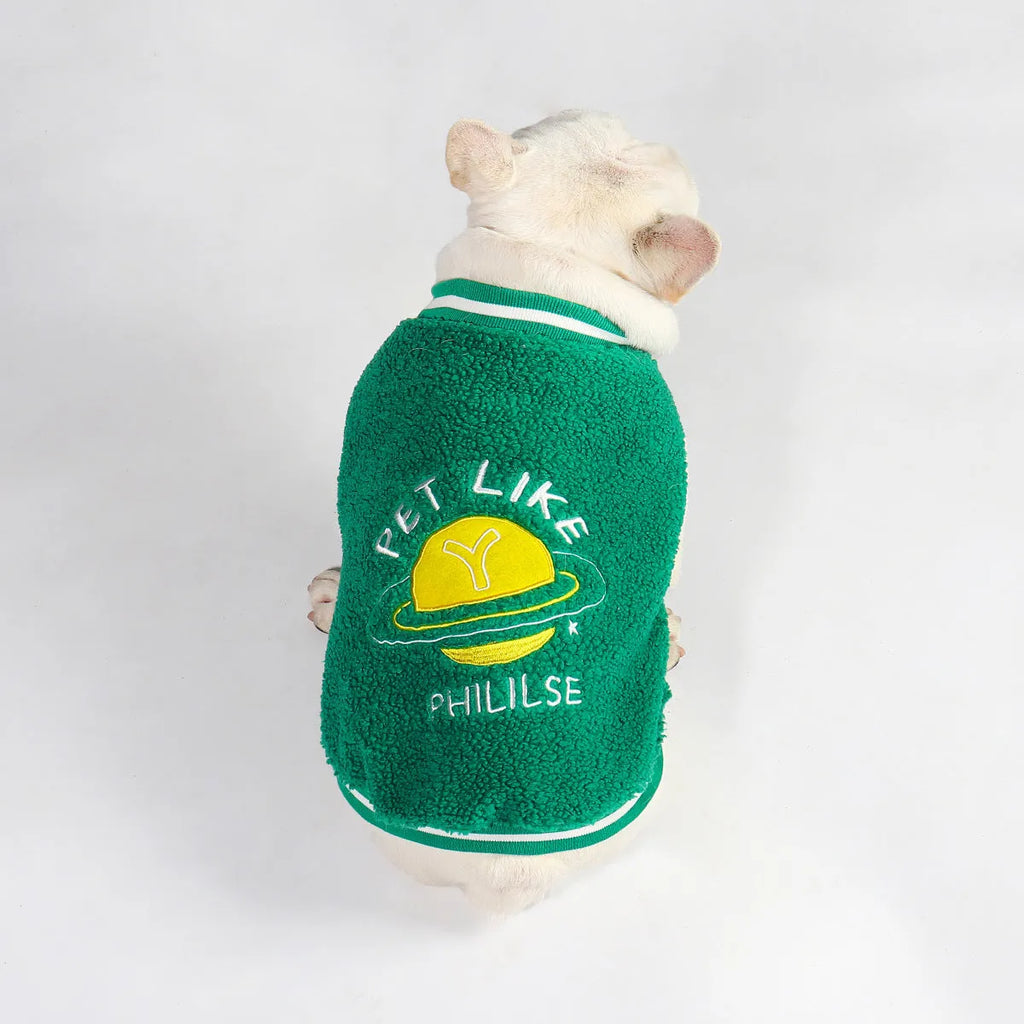 Green fleece-lined cotton dog winter clothing showing pullover design for cold weather protection