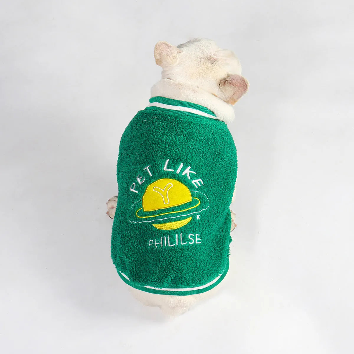Green fleece-lined cotton dog winter clothing showing pullover design for cold weather protection