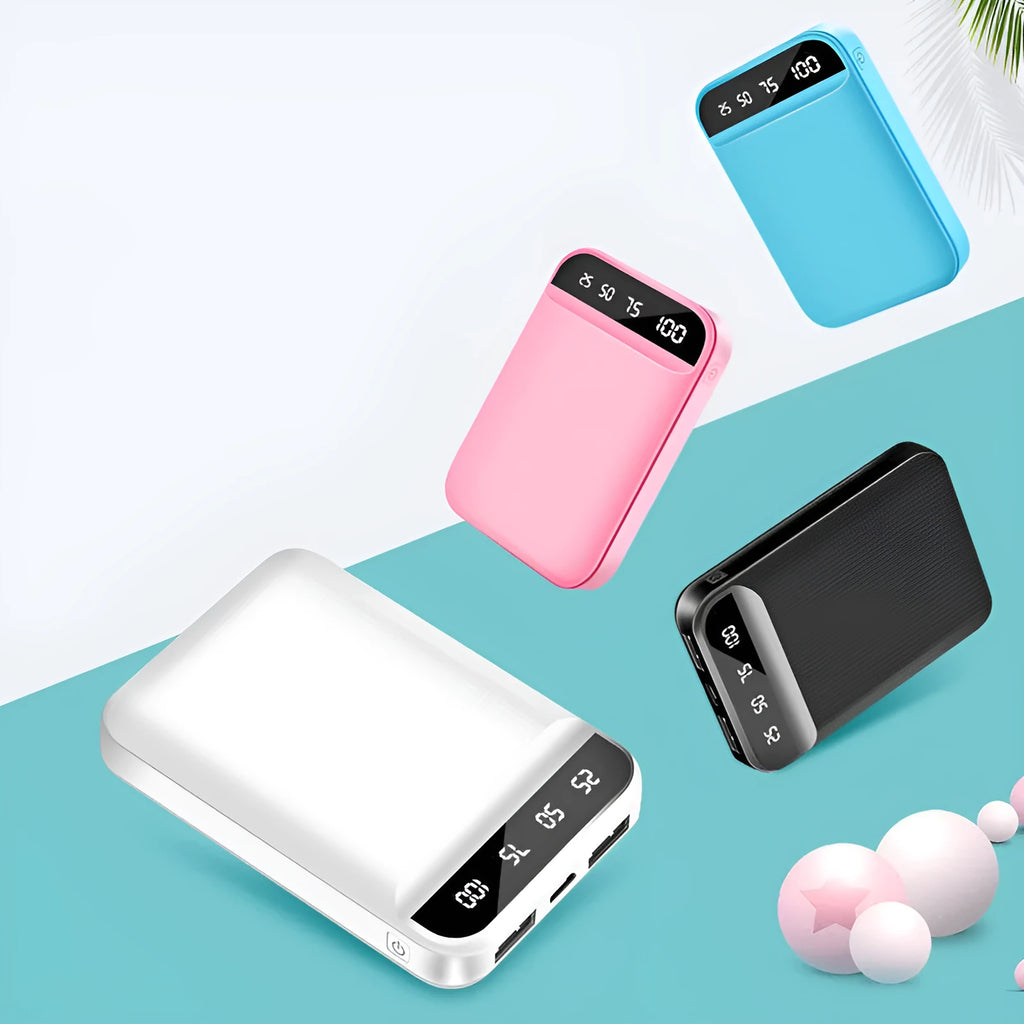 Compact mini power bank showing multiple USB ports and colour options