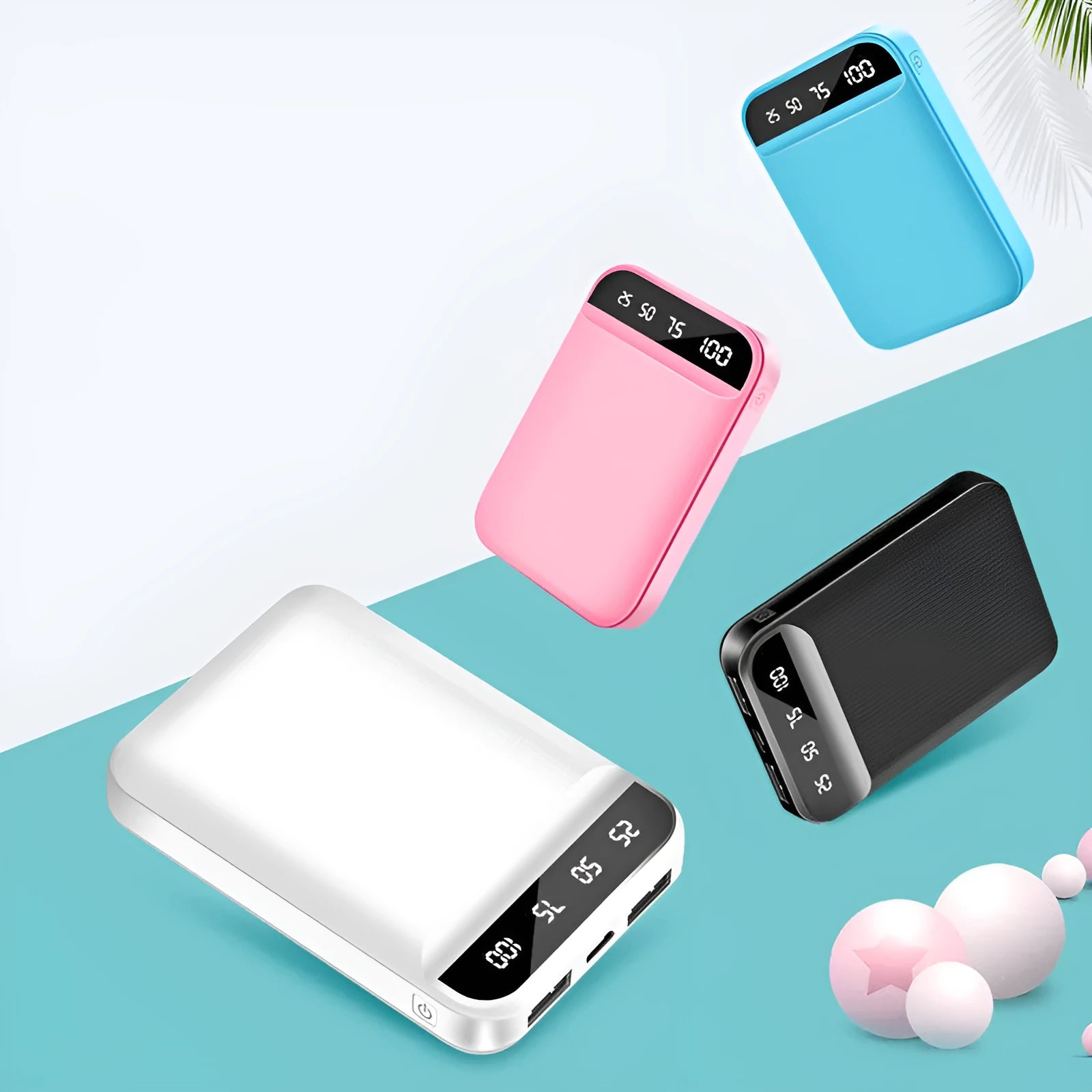 Compact mini power bank showing multiple USB ports and colour options