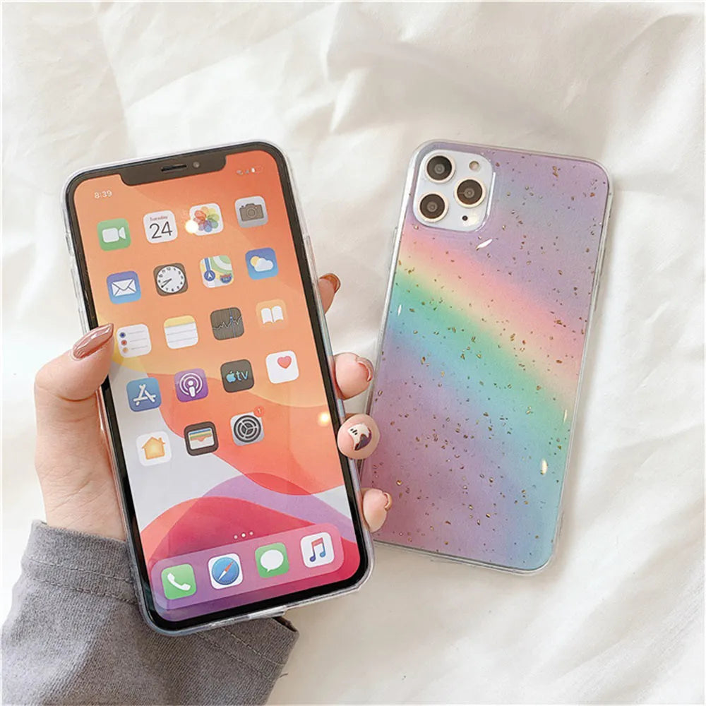 Rainbow gradient striped TPU hard protective case for iPhone on a white background.