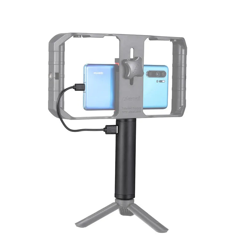 Black aluminium alloy portable power bank with an integrated handle, showing front view with scale.