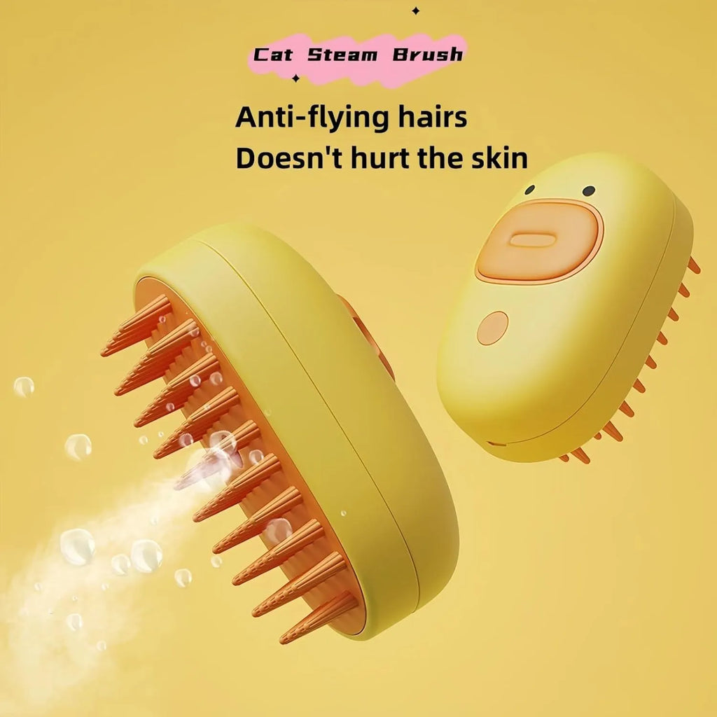 White rechargeable cat and dog steam brush with rubber comb teeth and water tank.