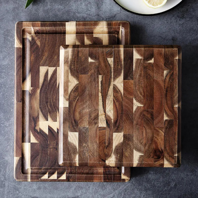 Brown solid acacia wood chopping board with 3cm thickness on a kitchen countertop