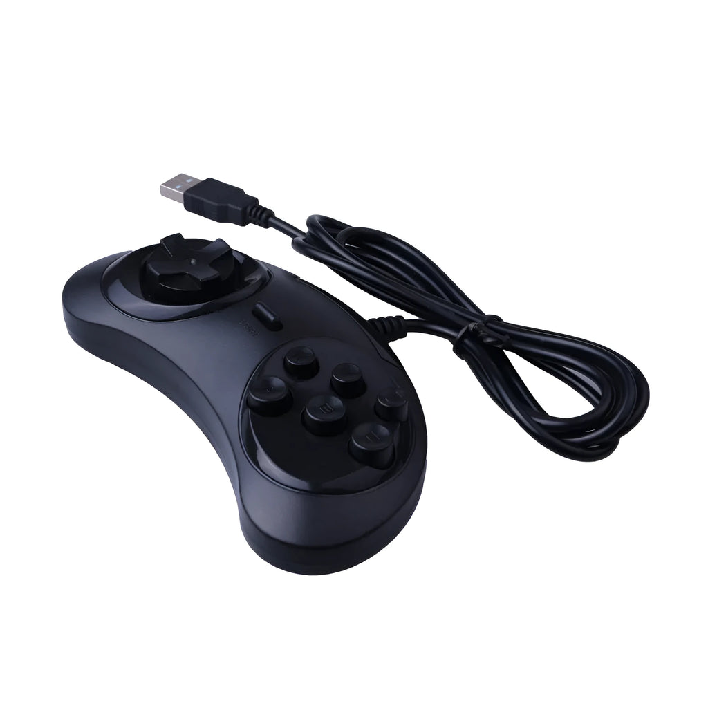 Black Sega USB wired PC game controller with 1.8 metre cable on a white background