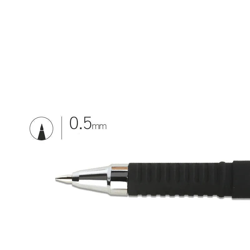 8 carbon black gel pens with anti-fatigue grips, showing bullet and needle tip options