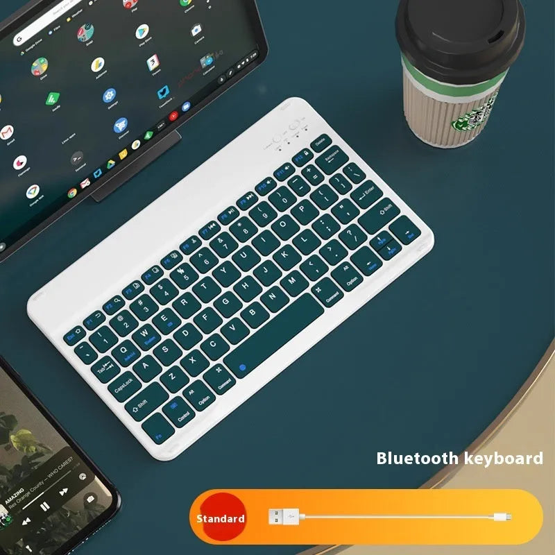 Bluetooth keyboard and rechargeable mouse set for tablet and PC on a desk.