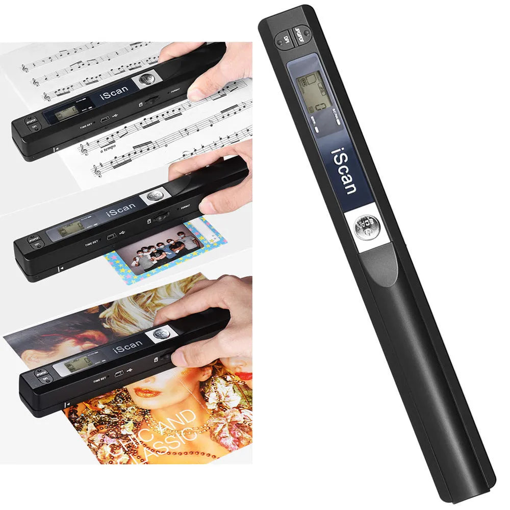Handheld plastic barcode scanner shown in black, blue, green, red, and silver colour options