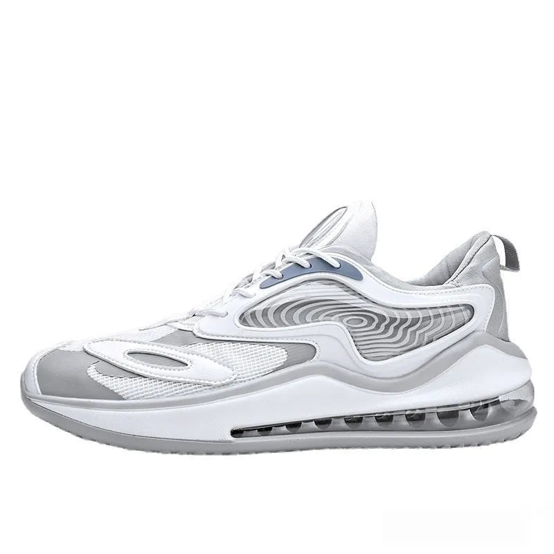 Men's Space Black and Space White casual shoes with air cushion and rubber sole.