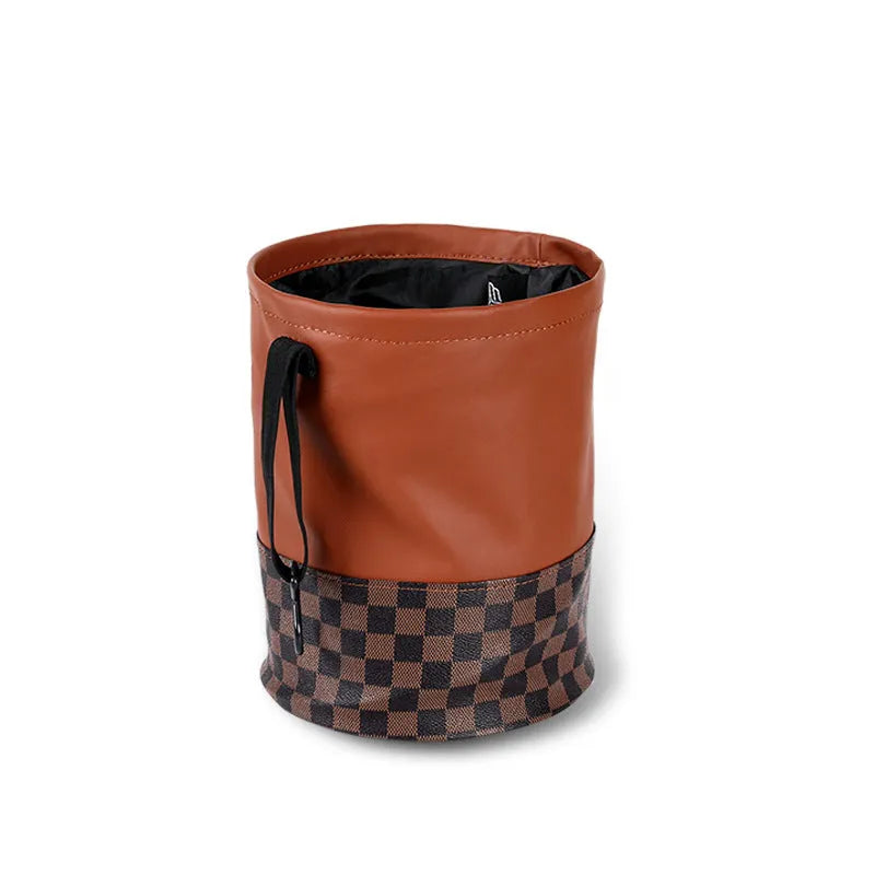 Leather retractable car trash can with handle in folded position