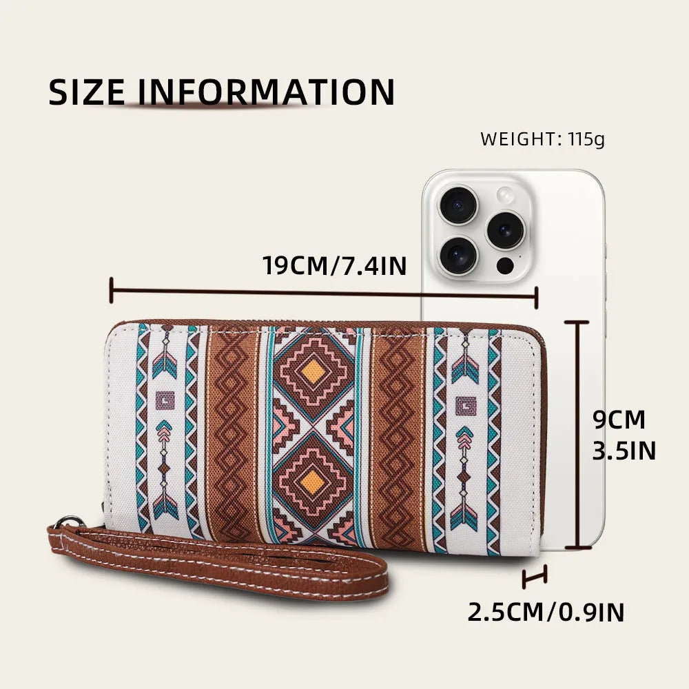 Bohemian striped RFID wallet in canvas with anti-theft card protection measuring 20x10cm