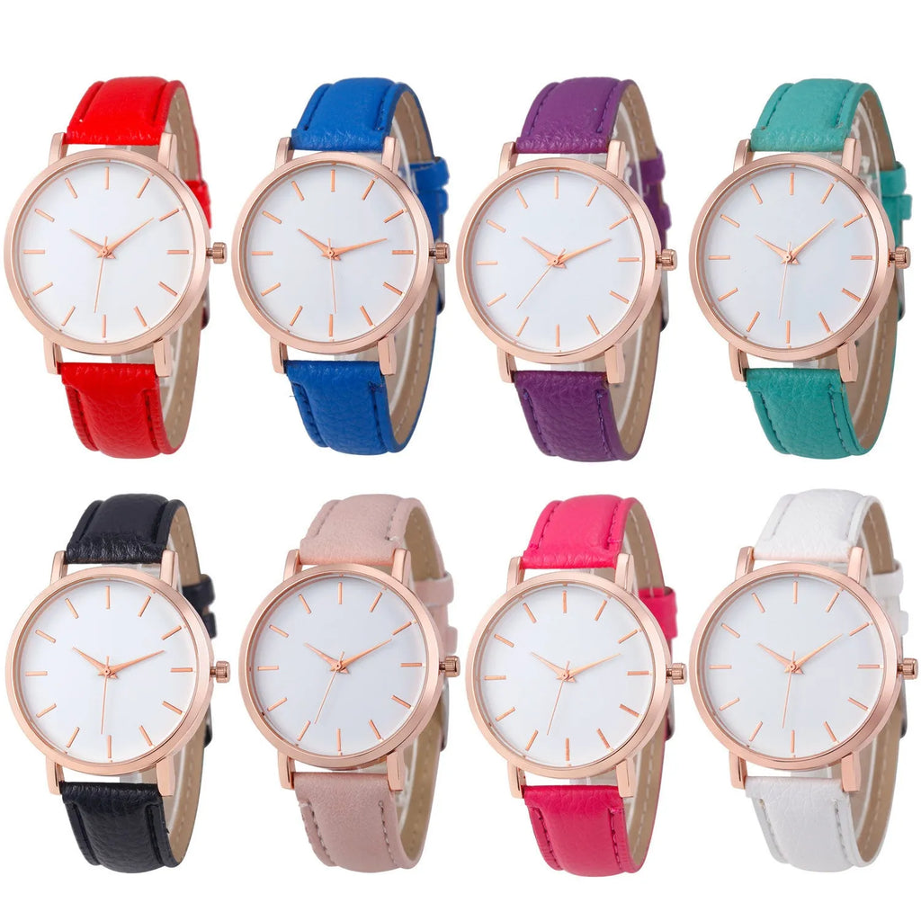 Rectangular analogue quartz watch with PU leather strap on a wrist, showing the alloy case.