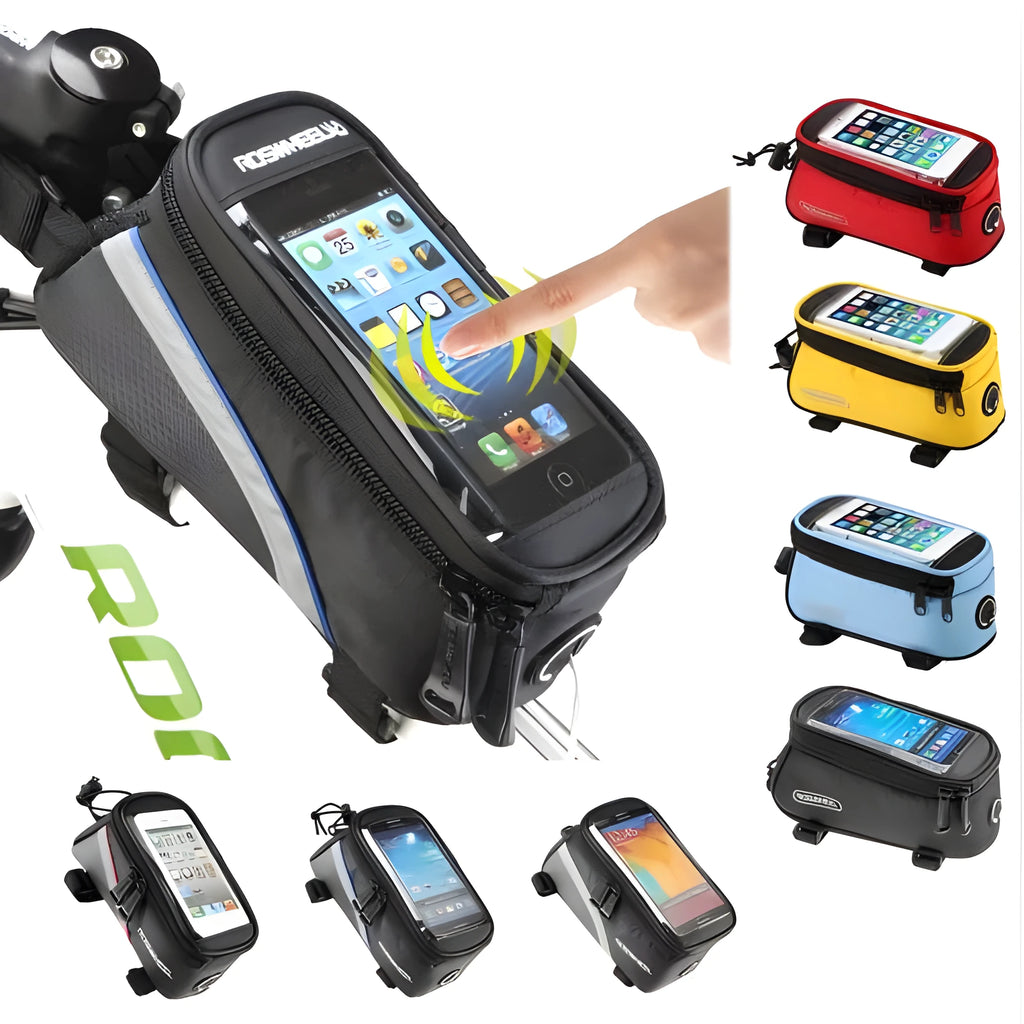 Bicycle frame bag phone holder in black with iPhone inside mounted on bike frame