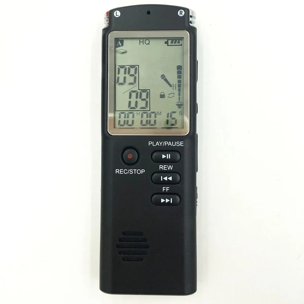 USB digital voice recorder with external microphone connection, compact black recording device